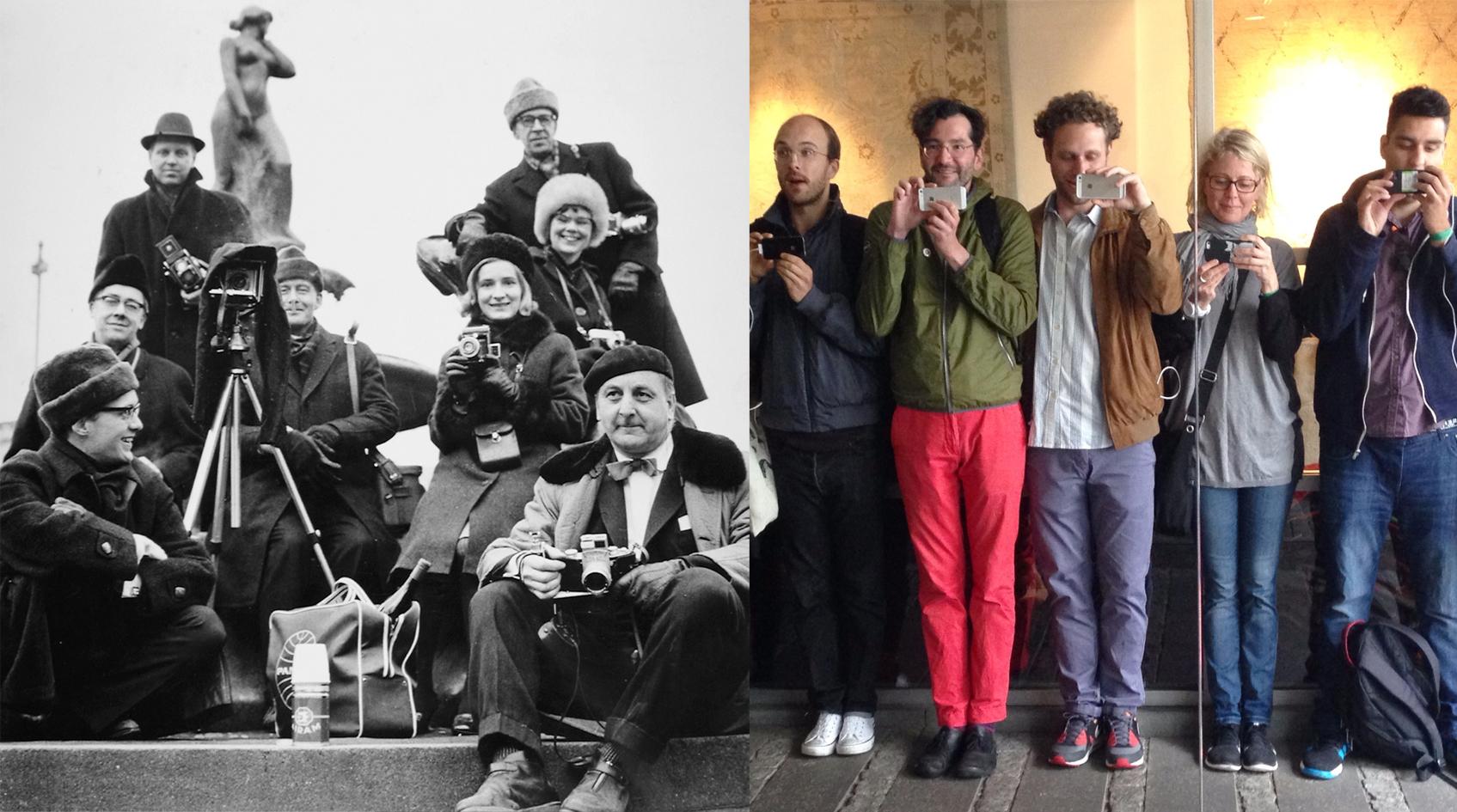Amatörfotografklubbenin jäseniä Kauppatorilla (1964, valokuvaaja tuntematon) ja instagram-miitti Berliinissä (2014, Meri Kukkavaara). Suomen valokuvataiteen museo.